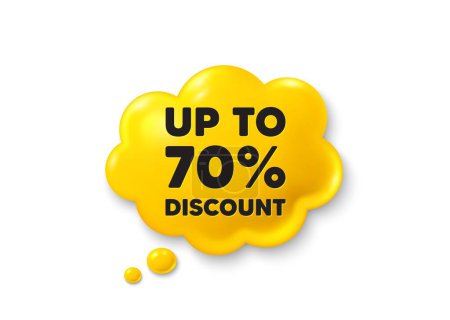 Illustration for Up to 70 percent discount. Comic speech bubble 3d icon. Sale offer price sign. Special offer symbol. Save 70 percentages. Discount tag chat offer. Speech bubble comic banner. Discount balloon. Vector - Royalty Free Image