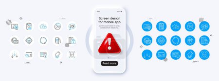 Smartphone broken, Report and Pie chart line icons. Phone mockup with 3d danger icon. Pack of Stars, Web photo, Blocked card icon. Scroll down, Megaphone, Parking app pictogram. Vector