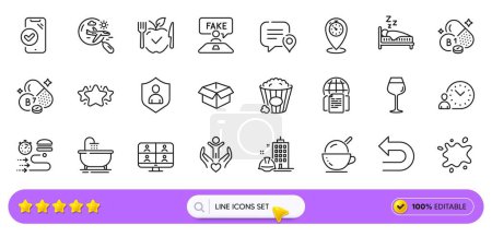 Ice cream, Volunteer and Security line icons for web app. Pack of Bordeaux glass, Vegetarian food, Undo pictogram icons. Video conference, Sleep, Time management signs. Approved phone. Vector