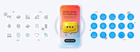 Illustration for Phone mockup with 3d chat icon. Sleep, Award app and Idea head line icons. Pack of Teamwork, Ethics, Augmented reality icon. Mental conundrum, Shipping support, Teamwork question pictogram. Vector - Royalty Free Image