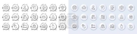 Illustration for Recruitment, Computer fingerprint and App settings line icons. White pin 3d buttons, chat bubbles icons. Pack of Cyber attack, Thermometer, Medical insurance icon. Vector - Royalty Free Image