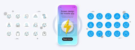 Illustration for Niacin vitamin, Skin care and Hoody line icons. Phone mockup with 3d energy icon. Pack of Sun protection, Thiamine vitamin, Skin cream icon. Sunscreen, Suit, Cholecalciferol pictogram. Vector - Royalty Free Image