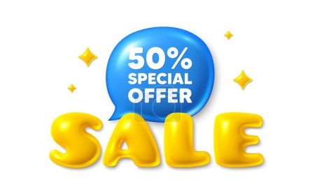 Illustration for Sale text 3d banner with chat bubble. 50 percent discount offer tag. Sale price promo sign. Special offer symbol. Discount chat message. 3d speech bubble offer banner. Sale text balloon. Vector - Royalty Free Image