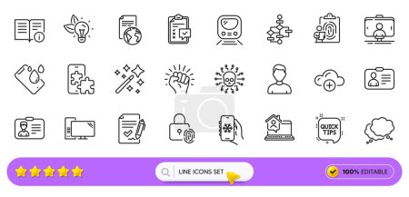 Illustration for Smartphone waterproof, Block diagram and Fingerprint lock line icons for web app. Pack of Computer, Metro, Technical info pictogram icons. Checklist, Eco energy, Empower signs. Search bar. Vector - Royalty Free Image
