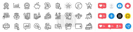 Illustration for Vip star, Clipboard and Bid offer line icons pack. Social media icons. Inspect, Change money, Buying currency web icon. Fraud, Money profit, Vip award pictogram. Vector - Royalty Free Image