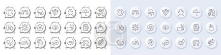 Illustration for Dumbbell, Social distancing and Shield line icons. White pin 3d buttons, chat bubbles icons. Pack of Mental conundrum, Face id, Vaccine report icon. Vector - Royalty Free Image
