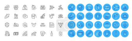 Illustration for Brandy bottle, Guard and Swipe up line icons pack. Internet, Accounting, Payment web icon. Hamburger, Card, Father day pictogram. Loan percent, Delivery bike, Toolbox. Attention, Target. Vector - Royalty Free Image
