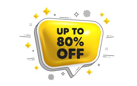 Illustration for Up to 80 percent off sale. Chat speech bubble 3d icon. Discount offer price sign. Special offer symbol. Save 80 percentages. Discount tag chat message. Speech bubble banner with stripes. Vector - Royalty Free Image
