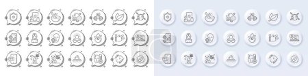 Illustration for Sunscreen, Vaccination schedule and Alcohol addiction line icons. White pin 3d buttons, chat bubbles icons. Pack of World vaccination, Medical shield, Hospital nurse icon. Vector - Royalty Free Image