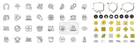 Illustration for Set of Puzzle, Money calendar and Chemistry lab line icons for web app. Design elements, Social media icons. Online documentation, Qr code, Inflation icons. Vector - Royalty Free Image