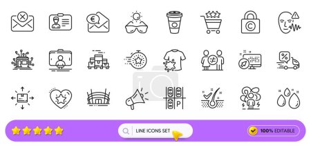 Takeaway coffee, Dirty t-shirt and Boxes pallet line icons for web app. Pack of Ranking star, Euro money, Water drop pictogram icons. Parking place, Cardboard box, Voice wave signs. Search bar. Vector