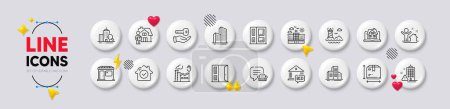 Illustration for House security, Building warning and Hotel line icons. White buttons 3d icons. Pack of Skyscraper buildings, Bid offer, Open door icon. Delivery man, Factory, Market pictogram. Vector - Royalty Free Image
