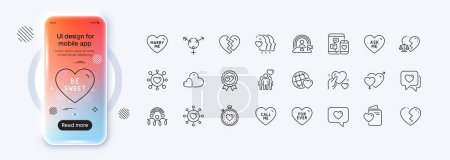 Illustration for Social media, Friends couple and Inclusion line icons for web app. Phone mockup gradient screen. Pack of Friends world, Care, Hold heart pictogram icons. Break up, Heart, Love award signs. Vector - Royalty Free Image