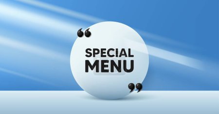 Illustration for Special menu tag. Circle frame, product stage background. Kitchen food offer. Restaurant menu. Special menu round frame message. Minimal design offer scene. 3d comma quotation. Vector - Royalty Free Image