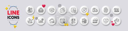 Video conference, Car service and Group line icons. White buttons 3d icons. Pack of Smile face, Loan house, Cyber attack icon. Pyramid chart, Annual tax, Fingerprint pictogram. Vector