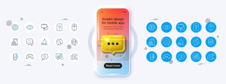 Illustration for Phone mockup with 3d chat icon. Refrigerator, Scroll down and Waterproof line icons. Pack of Search, Gamepad, Accounting icon. Selfie stick, Unknown file, Mobile inventory pictogram. Vector - Royalty Free Image