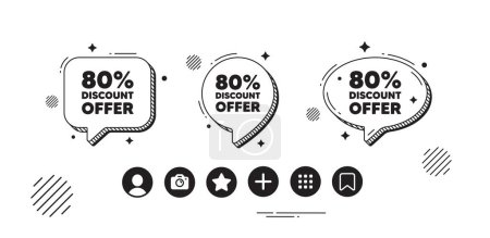 Illustration for 80 percent discount tag. Speech bubble offer icons. Sale offer price sign. Special offer symbol. Discount chat text box. Social media icons. Speech bubble text balloon. Vector - Royalty Free Image
