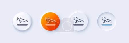 Illustration for Airport arrivals plane line icon. Neumorphic, Orange gradient, 3d pin buttons. Airplane landing sign. Flight symbol. Line icons. Neumorphic buttons with outline signs. Vector - Royalty Free Image
