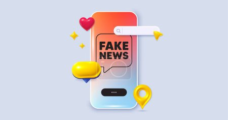 Illustration for Fake news tag. Social media phone app banner. Media newspaper sign. Daily information symbol. Social media search bar, like, chat 3d icons. Fake news message. Vector - Royalty Free Image