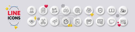 Illustration for Medical tablet, Speech bubble and Book line icons. White buttons 3d icons. Pack of Like photo, Timer, 5g wifi icon. Food donation, Petrol canister, Juice pictogram. Vector - Royalty Free Image