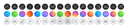 Carry-on baggage, Parcel delivery and Lighthouse line icons. Round icon gradient buttons. Pack of Exit, Cash transit, Baggage calendar icon. Office box, Send box, Flag pictogram. Vector