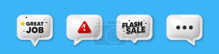 Illustration for Offer speech bubble 3d icons. Great job tag. Recruitment agency sign. Hire employees symbol. Great job chat offer. Flash sale, danger alert. Text box balloon. Vector - Royalty Free Image