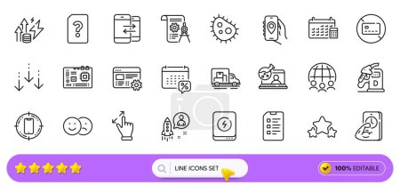Illustration for Checklist, Diesel station and Energy inflation line icons for web app. Pack of Stars, Bacteria, No card pictogram icons. Touchscreen gesture, Fitness, Unknown file signs. Motherboard. Vector - Royalty Free Image