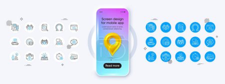 Phone mockup with 3d map pin icon. Dishes, Support and Floor plan line icons. Pack of Vip transfer, Ad, Warning briefcase icon. Laureate medal, Freezing timer, Engineering team pictogram. Vector