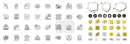 Illustration for Set of Warning, Employees group and Love book line icons for web app. Design elements, Social media icons. Organic tested, Skyscraper buildings, Fireworks icons. Vector - Royalty Free Image