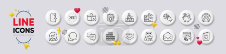 Ilustración de Correo, 360 grados e iconos de línea de ataque cibernético. Botones blancos 3d iconos. Paquete de productos al por mayor, Bitcoin, icono del elevador. Código del Cvv, Bote, Desplácese hacia abajo pictograma. Vector - Imagen libre de derechos