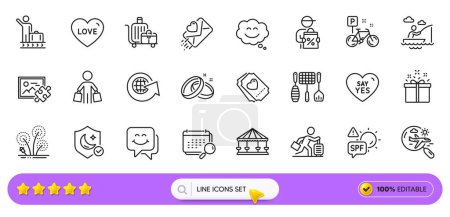 Illustration for Calendar, Love ticket and Travel delay line icons for web app. Pack of Say yes, Baggage cart, Fireworks pictogram icons. Guard, Buyer, Boat fishing signs. Grill tools, Smile chat, Love. Vector - Royalty Free Image