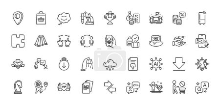 Illustration for Victory, Microscope and Teamwork line icons pack. AI, Question and Answer, Map pin icons. Lightweight, Money tax, Phone image web icon. Scroll down, Video conference, 360 degree pictogram. Vector - Royalty Free Image