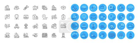 Illustration for Destination flag, Medical helicopter and Shipping support line icons pack. Ship, Lighthouse, Passport web icon. Map, Gas cylinder, Hold box pictogram. Garage, Bicycle lockers, Handbag size. Vector - Royalty Free Image