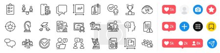 Illustration for Checklist, Certificate and Teacher line icons pack. Social media icons. Online question, Interview, Vr web icon. Attached info, Talk bubble, Confirmed pictogram. Vector - Royalty Free Image