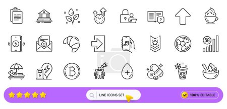 Illustration for Smile, Lock and Salad line icons for web app. Pack of Instruction manual, Upload, Login pictogram icons. Bitcoin, Plants watering, Coffee cup signs. 5g wifi, Shoulder strap, Ice maker. Vector - Royalty Free Image