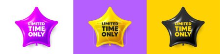 Illustration for Limited time tag. Birthday star balloons 3d icons. Special offer sign. Sale promotion symbol. Limited time text message. Party balloon banners with text. Birthday or sale ballon. Vector - Royalty Free Image
