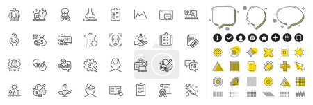 Illustration for Set of Magnesium mineral, Cogwheel and Seo message line icons for web app. Design elements, Social media icons. Rule, Difficult stress, 5g internet icons. Vector - Royalty Free Image