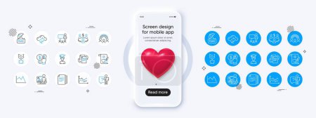 Illustration for Phone mockup with 3d heart icon. Bureaucracy, Meeting and Fake news line icons. Pack of Creative painting, Cloud share, Copy documents icon. Teacher, Winner medal, Diagram chart pictogram. Vector - Royalty Free Image