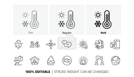 Weather thermometer, Ice cream and Supply chain line icons. Pack of Interview, Grill time, Inclusion icon. World insurance, Lotus, Food app pictogram. Stop fishing, Iceberg, Cogwheel. Vector
