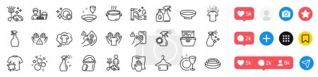 Illustration for Cleaning liquids, Vacuum cleaner and Washing hands line icons pack. Social media icons. Clean dishes, Clean hands, Hold t-shirt web icon. Cleaning service, Dont touch, Sponge pictogram. Vector - Royalty Free Image
