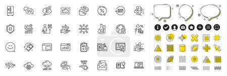 Set von Flugzeug, Kreditanteil und Like-Symbolen für die Web-App. Gestaltungselemente, Social-Media-Symbole. Bioprodukt, zugelassene Post, Symbole aus dem Chemielabor. Vektor