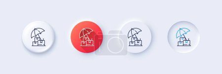 Illustration for Delivery insurance line icon. Neumorphic, Red gradient, 3d pin buttons. Risk management sign. Packages with umbrella symbol. Line icons. Neumorphic buttons with outline signs. Vector - Royalty Free Image