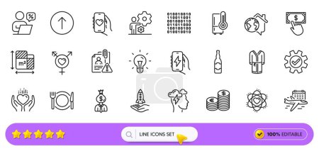 Idea, Swipe up and Hold heart line icons for web app. Pack of Work home, Manager, Floor plan pictogram icons. Refrigerator, Dating app, Restaurant food signs. Service, Payment click. Vector