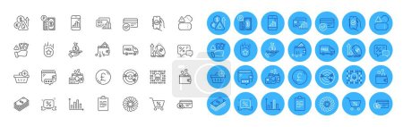 Targeting, Fan engine and Pound money line icons pack. Discounts ribbon, Fraud, Clipboard web icon. Financial app, Digital wallet, Wallet pictogram. Payment method, Loyalty star, Dollar. Vector