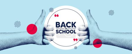 Illustration for Hands showing thumb up like sign. Back to school tag. Education offer. End of vacation slogan. Back to school round frame message. Grain dots hand. Like thumb up sign. Vector - Royalty Free Image