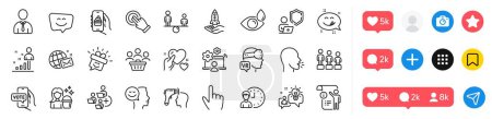 Equity, Stats and Idea line icons pack. Social media icons. Human, Smile, Food app web icon. Hold heart, Cursor, Online voting pictogram. Yummy smile, World mail, Eye drops. Vector