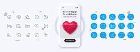 Illustration for Phone mockup with 3d heart icon. Cooking timer, Phone video and Account line icons. Pack of Calendar, Statistics timer, Waterproof icon. Time, 24h service, Piggy bank pictogram. Vector - Royalty Free Image