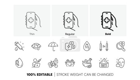 Illustration for Ph neutral, Conjunctivitis eye and Medical syringe line icons. Pack of Healthy face, Wash hands, Medical analyzes icon. Health app, Bicycle lockers, Umbrella pictogram. Line icons. Vector - Royalty Free Image
