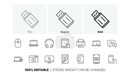Laptop, SSD and Headphones. Device line icons. Printer linear icon set. Line icons set. Vector