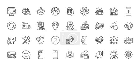 Illustration for Drone, Time management and Distribution line icons pack. AI, Question and Answer, Map pin icons. Swipe up, Excise duty, Smartphone clean web icon. Telemedicine, Squad, Lock pictogram. Vector - Royalty Free Image